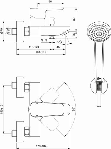Ideal Standard Ceraplan III Badearmatur Aufputz mit Brause-Set, Ausladung 164-169mm, chrom B0719AA