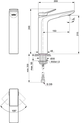 Ideal Standard Waschtisch-Armatur Conca, mit verlängertem Sockel ohne Ablaufgarnitur Ausladung 150mm, chrom BC758AA