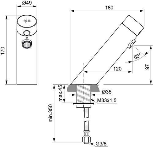 Ideal Standard Waschtischarmatur Sensorflow Batterie chrom ohne Mischung Ausladung 120mm A7556AA