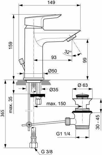 Ideal Standard Tesi Waschtischarmatur mit Ablaufgarnitur chrom, Ausladung 93mm, 5 l/min. A6557AA