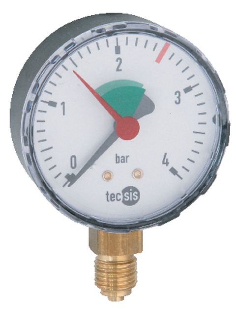 SYR Manometer 13 für Heizung, Senkrechter Anschluss, Anzeigebereich 0-4 bar, Anschluss G1/4. D=63mm 0013.10.000