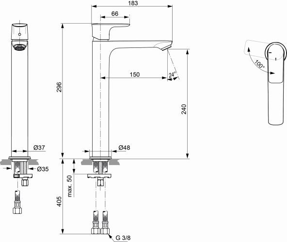 Ideal Standard Waschtisch-Armatur Connect Air, Slim, BlueStart mit verlängertem Sockel, ohne Ablaufgarnitur, chrom A7028AA