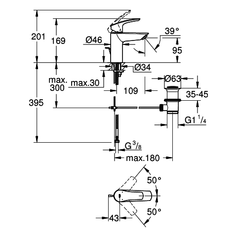 Grohe Einhand-Waschtisch-Batterie Eurosmart S-Size chrom Hybrid-Zugstangen-Ablaufgarnitur 23456003