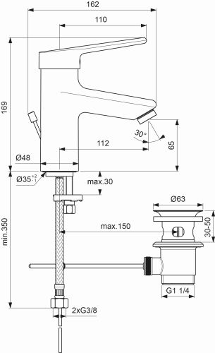 Ideal Standard Ceraplus 2 Waschtischarmatur mit Ablaufgarnitur chrom, Ausladung 112mm BC091AA