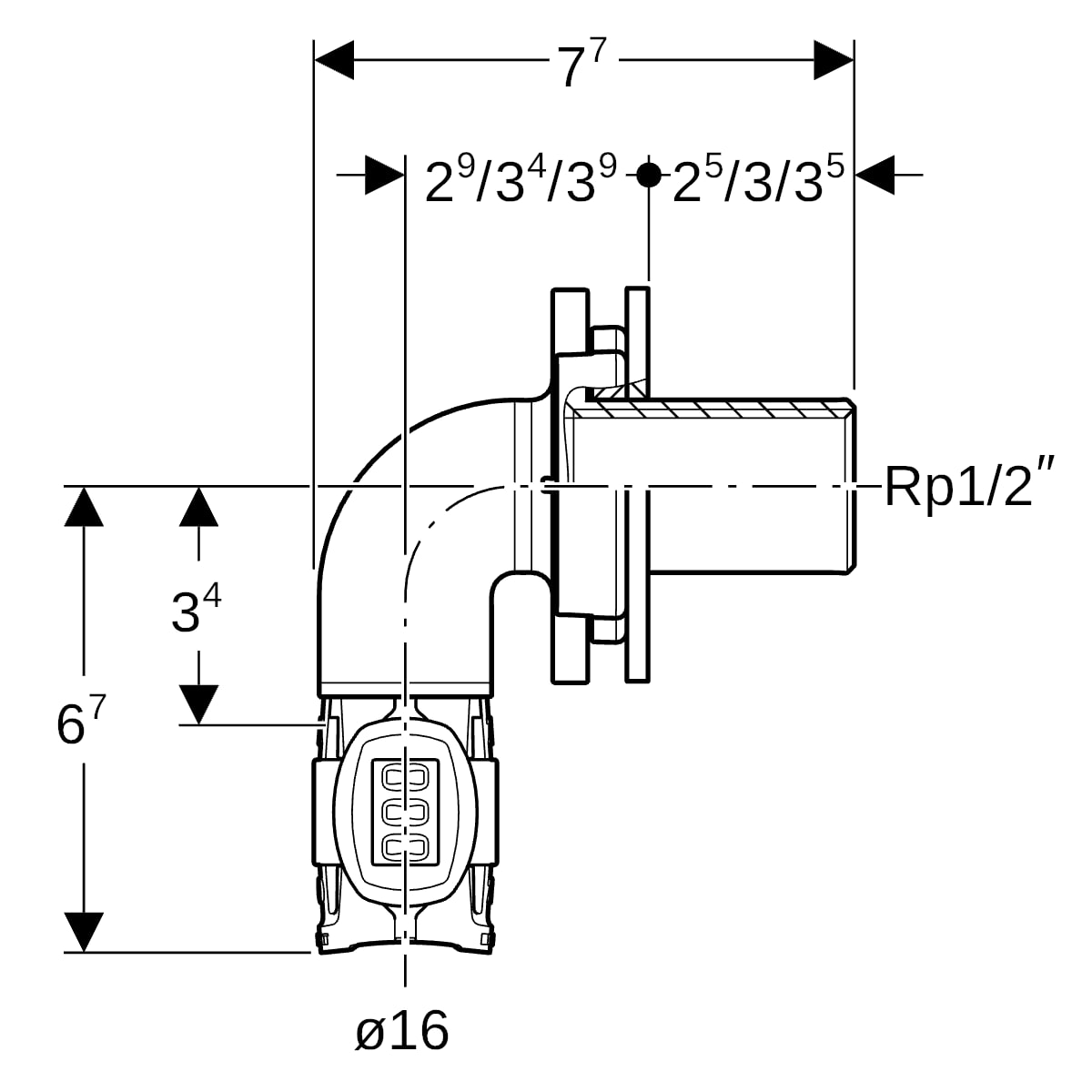 Geberit FlowFit Bogenwanddurchführung 90 Grad RG+ d16-Rp1/2 620.803.00.1