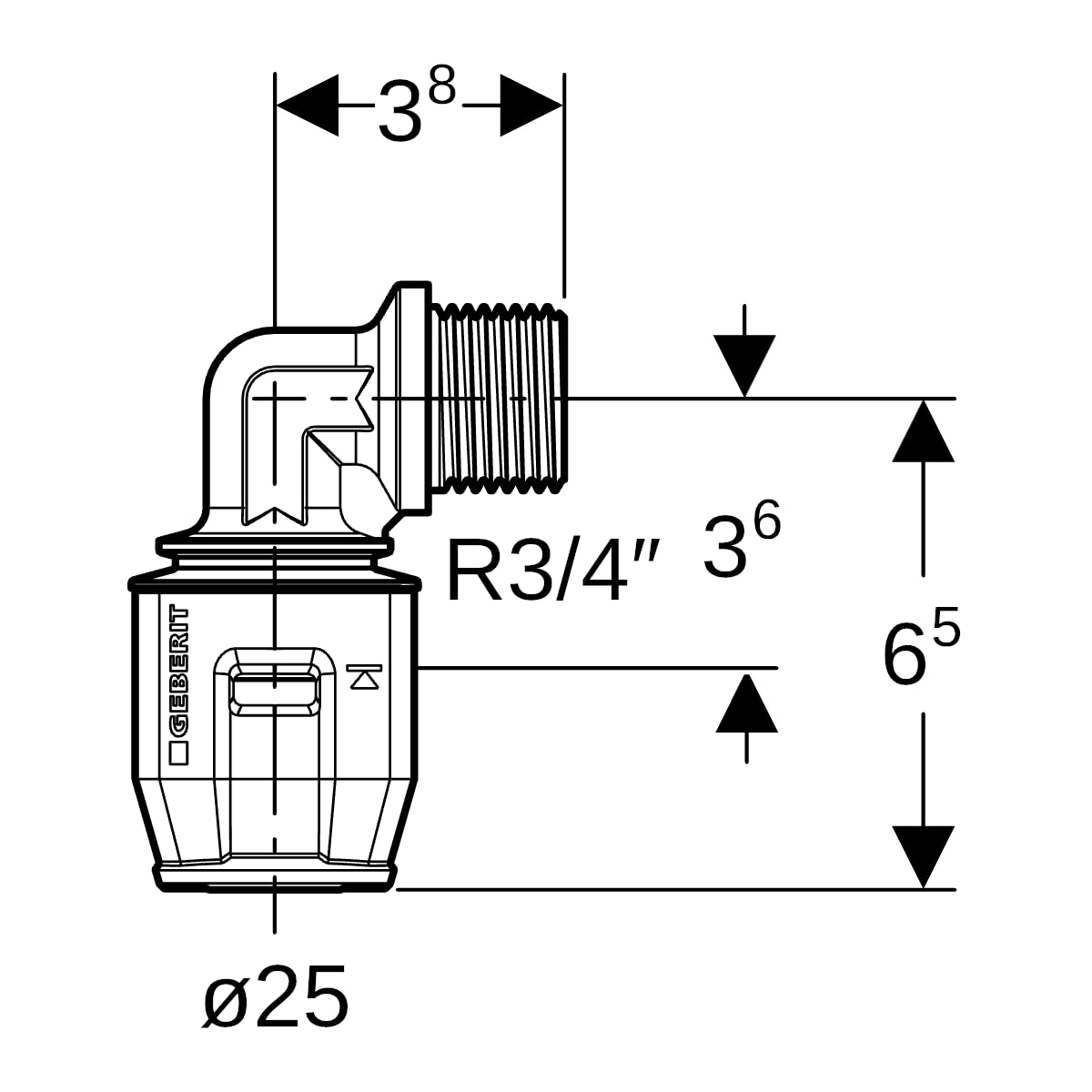 Geberit PushFit Übergangsbogen 90 Grad mit AG Rotguss d25-R3/4 652.242.00.1