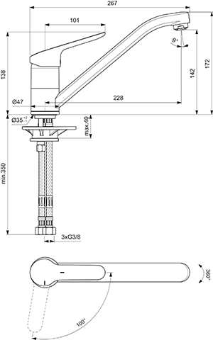 Ideal Standard Küchenarmatur Ceraflex, Niederdruck mit Rohrauslauf, Ausladung 228 mm, chrom BC130AA