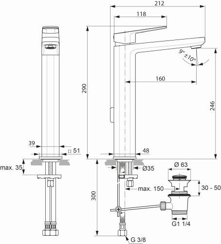 Ideal Standard Waschtisch-Armatur Tonic II, mit verlägertem Sockel mit Ablaufgarnitur 5 l/min., Ausladung 160mm, chrom A6328AA