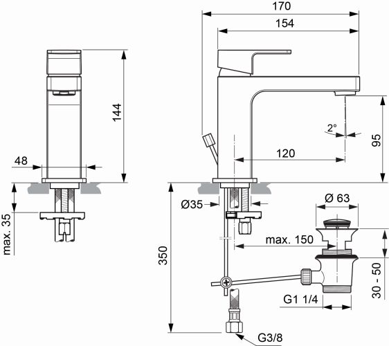 Ideal Standard Edge Waschtischarmatur Slim mit Ablaufgarnitur chrom, Ausladung 120mm, 5 l/min. A7101AA