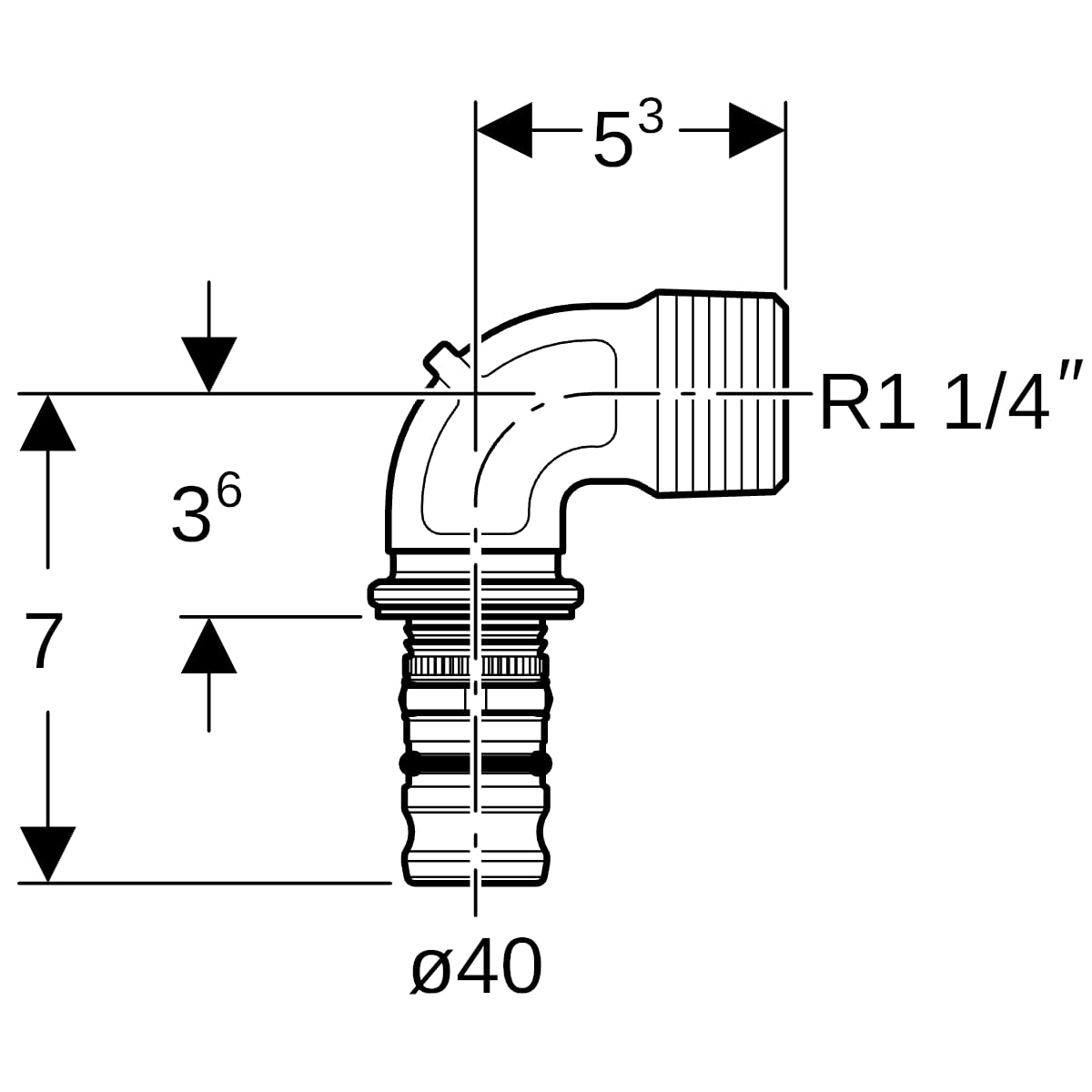 Geberit Mepla Übergangsbogen 90 Grad mit AG Rotguss d40-R1 1/4 605.255.00.5