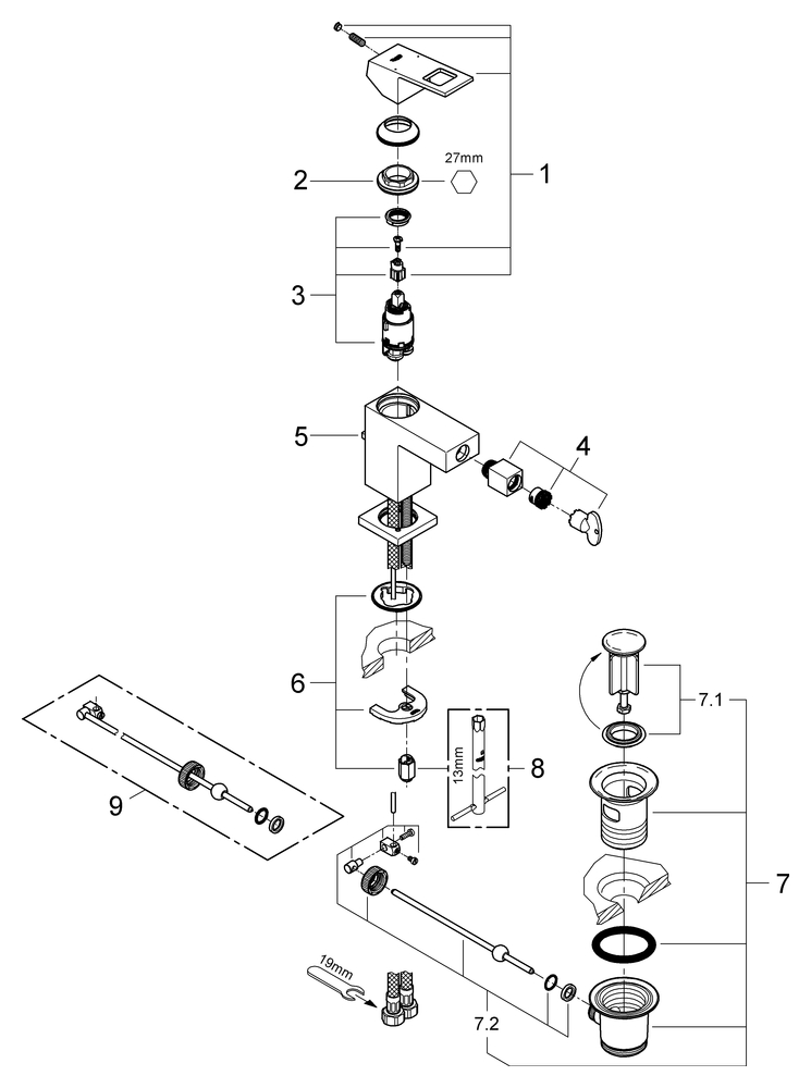 Grohe Eurocube Einhand-Bidetbatterie chrom, mit Zugstangen-Ablaufgarnitur 23138000