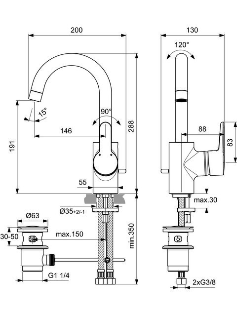 Ideal Standard Connect Blue Waschtischarmatur mit hohem Auslauf mit Ablaufgarnitur chrom, Ausladung 146mm B0112AA