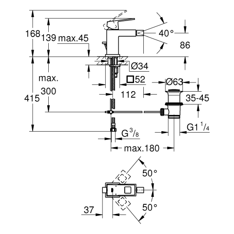 Grohe Eurocube Einhand-Bidetbatterie chrom, mit Zugstangen-Ablaufgarnitur 23138000