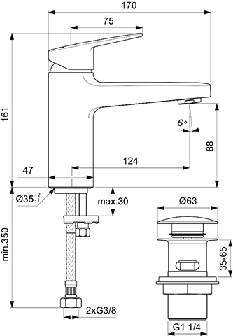 Ideal Standard Waschtischarmatur Ceraplan H90 mit Push-Open Ausladung 124mm chrom BD229AA