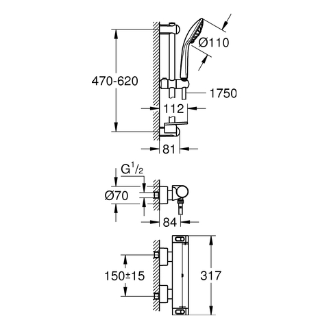 Grohe Grohtherm 2000 Thermostat-Brausebatterie chrom mit Brausegarnitur 34195001
