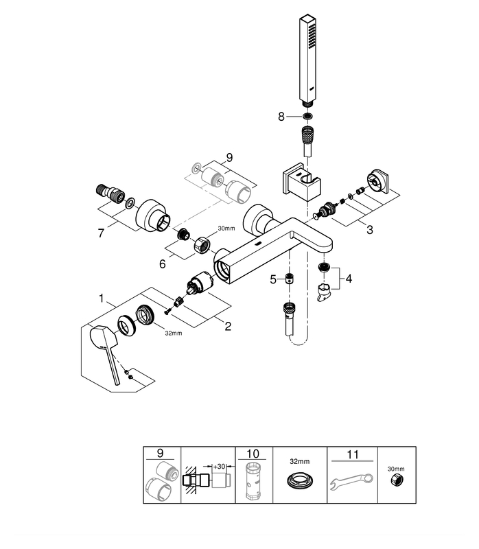 Grohe Plus Einhand-Wannenbatterie chrom Wandmontage mit Brausegarnitur 33547003