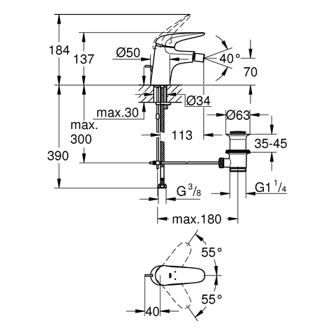 Grohe Eurostyle Einhand-Bidetbatterie chrom mit Zugstangen-Ablaufgarnitur 23720003