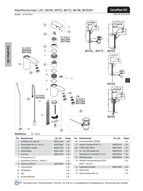 Ideal Standard Zugstange Ceraplan III, chrom B961119AA