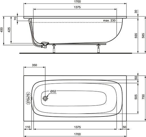 Ideal Standard i.life Körperform-Badewanne 170x75cm T476001 weiß