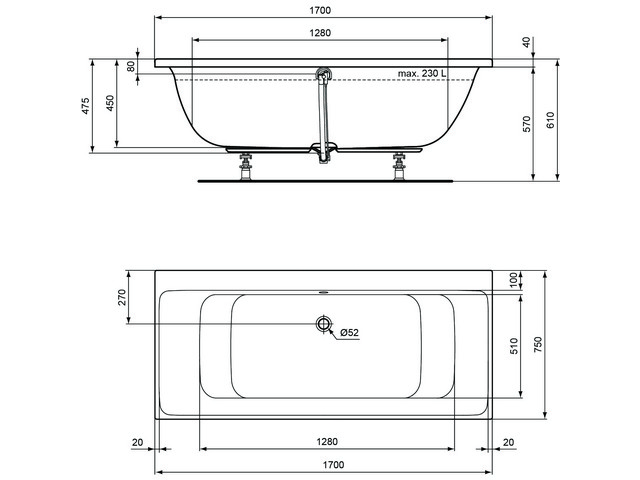 Ideal Standard Connect Air Duo-Badewanne 170x75x47,5cm E106601 weiß