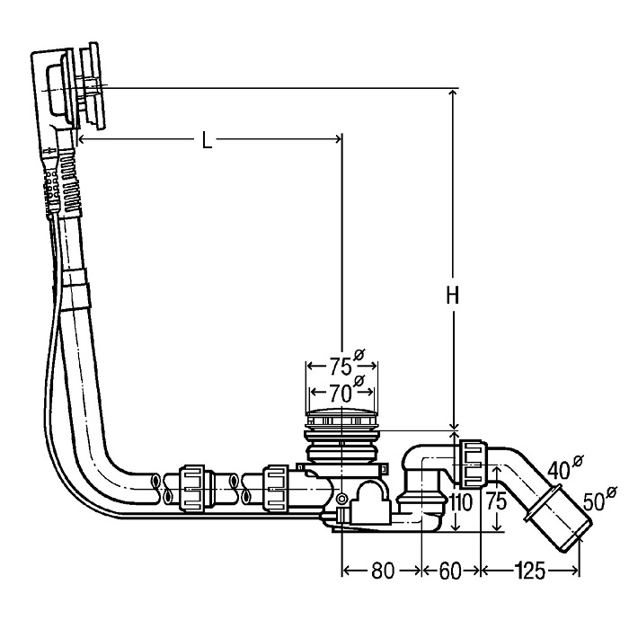 Viega Ab-und Überlauf Multiplex Trio F 6145.6 in 1070mmxDN40/50 verchromt 675479