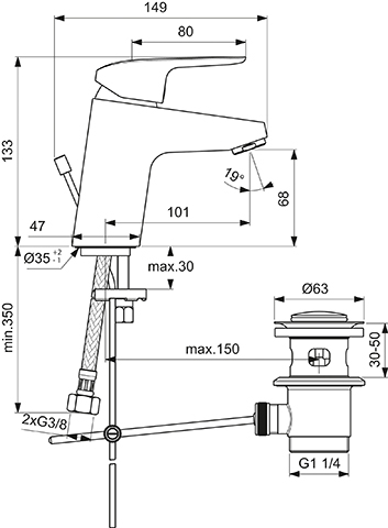 Ideal Standard Ceraflex Waschtischarmatur mit Ablaufgarnitur chrom, Ausladung 101mm, 5 l/min. B1708AA