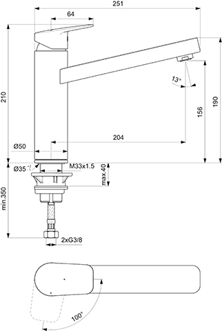 Ideal Standard Küchenarmatur Ceraplan Ausladung 204mm BlueStart mit hohem Rohrauslauf, chrom BD313AA