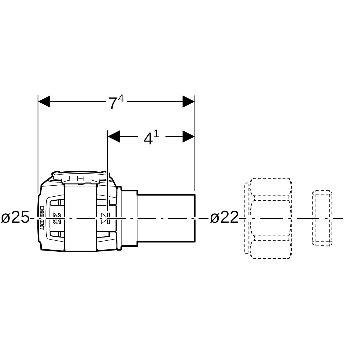 Geberit FlowFit Übergang auf Kupferrohr Klemmringverschraubung. SiBr/Cu d25-22 620.722.00.1