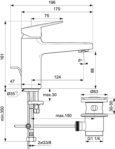 Ideal Standard Waschtischarmatur Ceraplan H90 Ausladung 124mm mit Ablaufgarnitur Idealfix chrom BD276AA