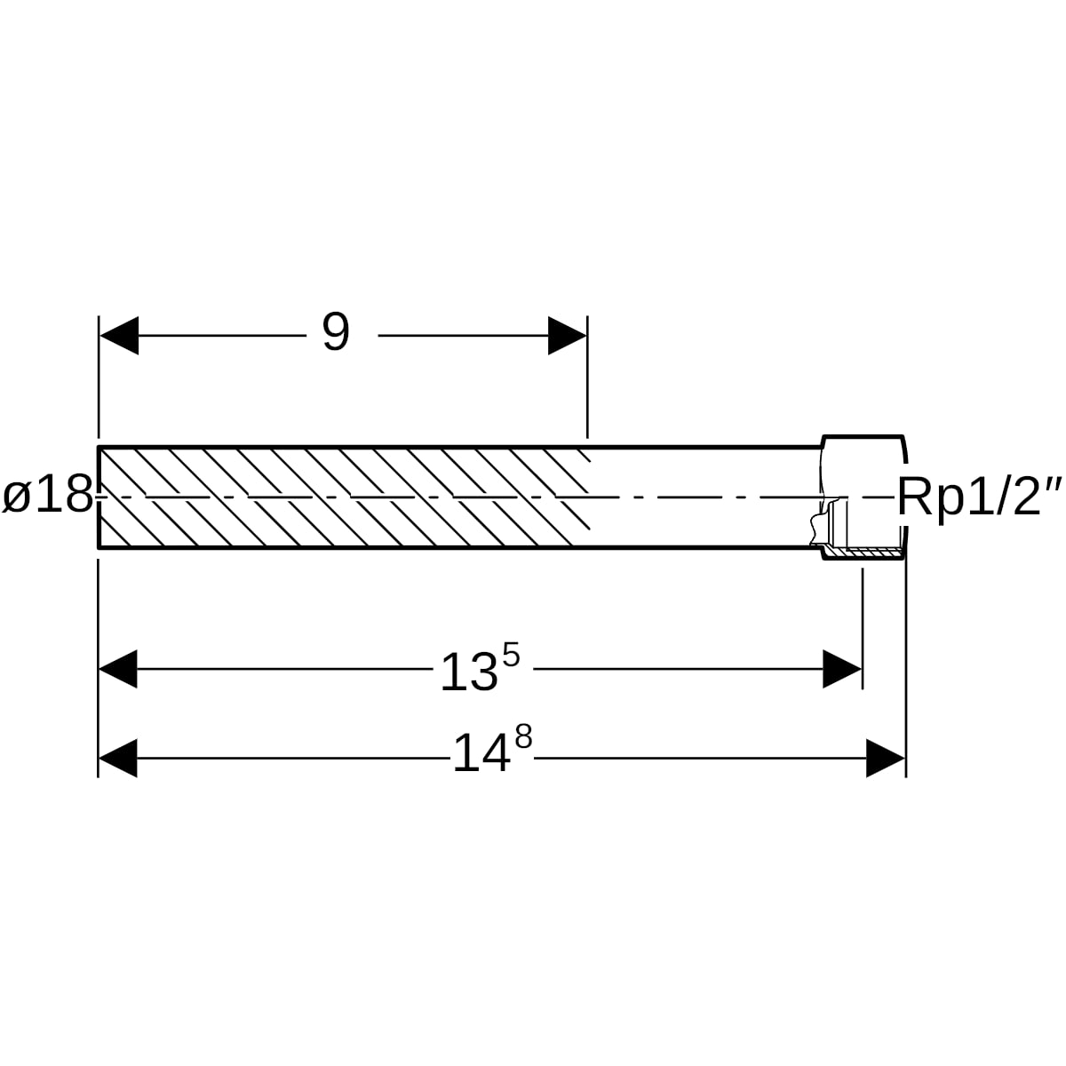 Geberit Mapress Edelstahl Übergang mit IG und Einschubende lang d18-Rp1/2 90933