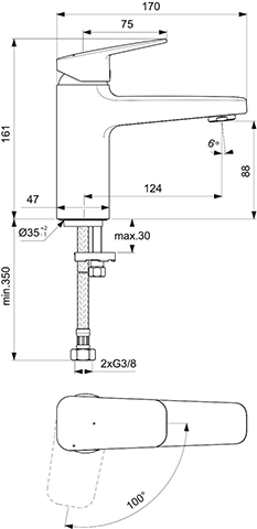 Ideal Standard Waschtischarmatur Ceraplan H90 ohne Ablaufgarnitur Ausladung 124mm BlueStart chrom BD224AA
