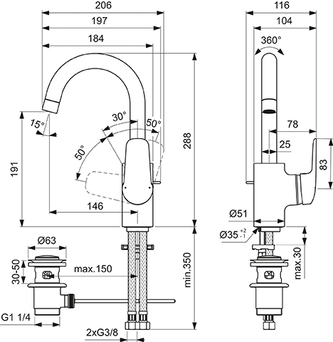 Ideal Standard Ceraflex Waschtischarmatur mit hohem Auslauf mit Ablaufgarnitur chrom, Ausladung 146mm B1716AA