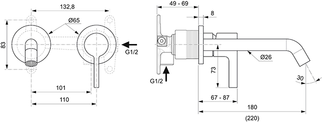 Ideal Standard Wand-Waschtischarmatur JOY, BS2 Ausladung 225mm rund runde Rosette, chrom A7379AA