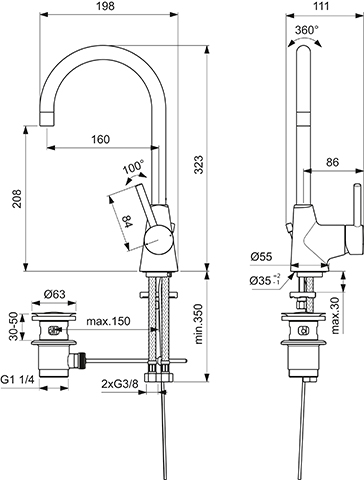 Ideal Standard Waschtischarmatur Ceraline, mit hohem Auslauf mit Ablaufgarnitur, Ausladung 160mm, chrom BC195AA