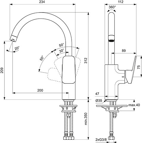 Ideal Standard Küchenarmatur Ceraplan Ausladung 200mm mit hohem Rohrauslauf chrom BD334AA