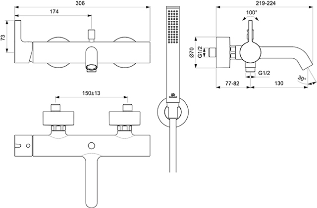 Ideal Standard Badearmatur AP JOY, mit Stab-Handbrause Brauseschlauch und Wandhalter, chrom BC787AA