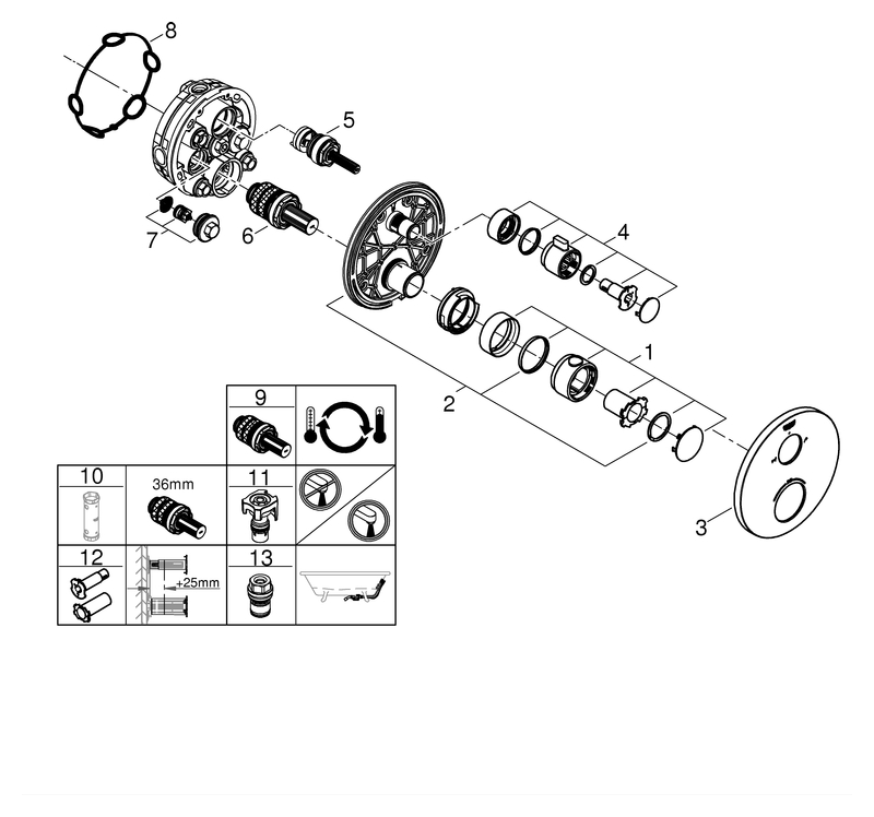 Grohe Grohtherm Thermostat-Wannenbatterie chrom 2 Abgänge Fertigmontageset für 36500 rund 24077000