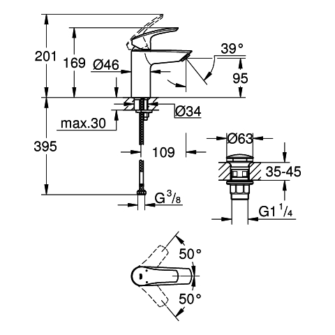 Grohe Einhand-Waschtisch-Batterie Eurosmart S-Size chrom Push-open Ablaufgarnitur 23922003