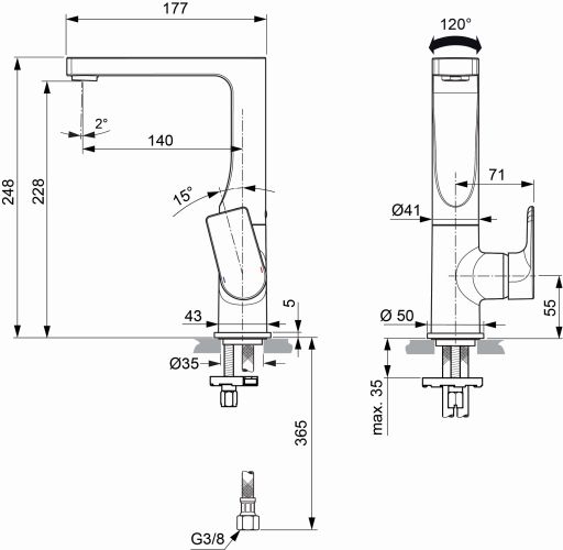 Ideal Standard Edge Waschtischarmatur mit hohem schwenkbarem Auslauf ohne Ablaufgarnitur chrom, Ausladung 140mm, 5 l/min A7111AA