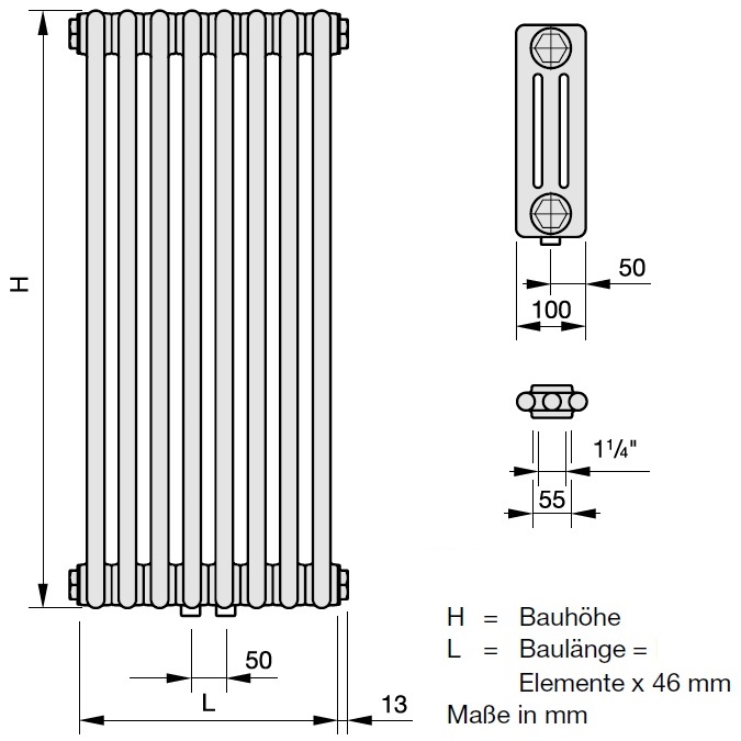 Zehnder Röhrenradiator Charleston 3-Säuler H: 220 L: 101,2cm, Modell 3220-22, weiß  ZC134622B115000