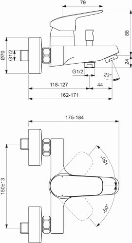 Ideal Standard Ceraflex Badearmatur Aufputz Ausladung 118-127mm, chrom B1721AA