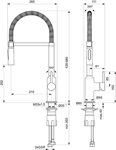 Ideal Standard Küchenarmatur Ceralook, Semi-Profi Ausladung mit Federarm und Handbrause, Ausladung 215mm, chrom BC302AA