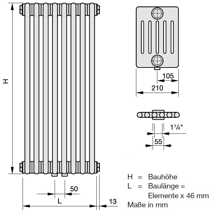 Zehnder Röhrenradiator Charleston 6-Säuler H: 220 L: 73,6cm, Modell 6220-16, weiß  ZC164616B115000
