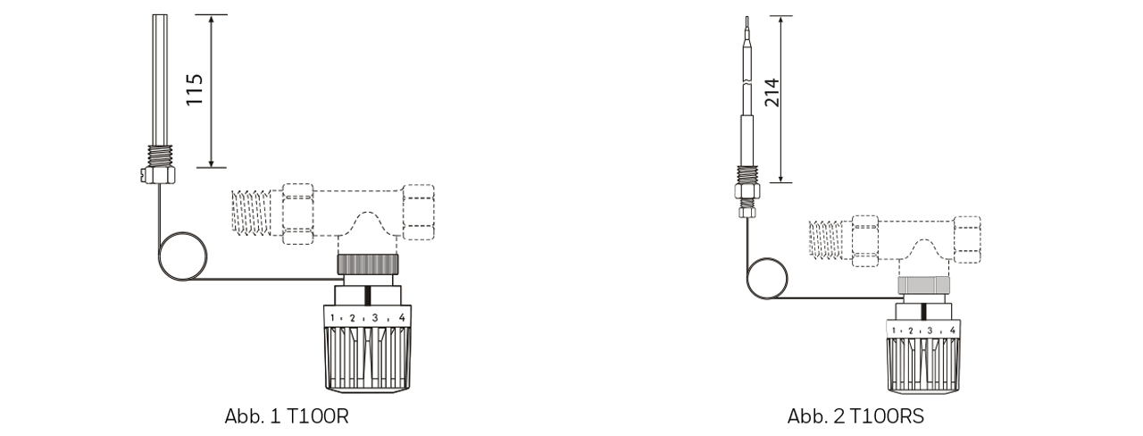 Resideo Thermostat mit Fernfühler als Einschraubfühler R 1/2", Sollwertbereich 30 - 70 °C T100RS-DB