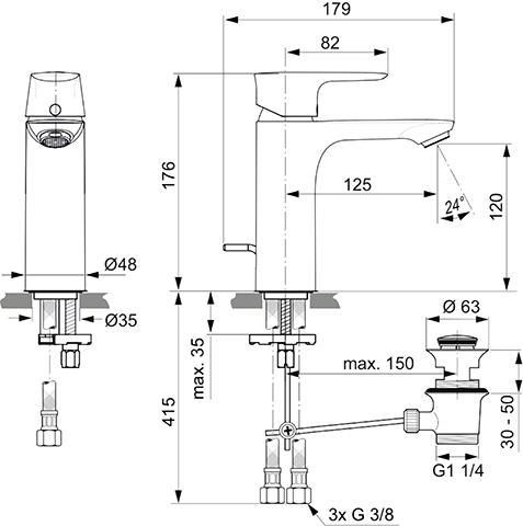 Ideal Standard Connect Air Waschtischarmatur Grande Niederdruck mit Ablaufgarnitur chrom, Ausladung 125mm, 5 l/min A7054AA