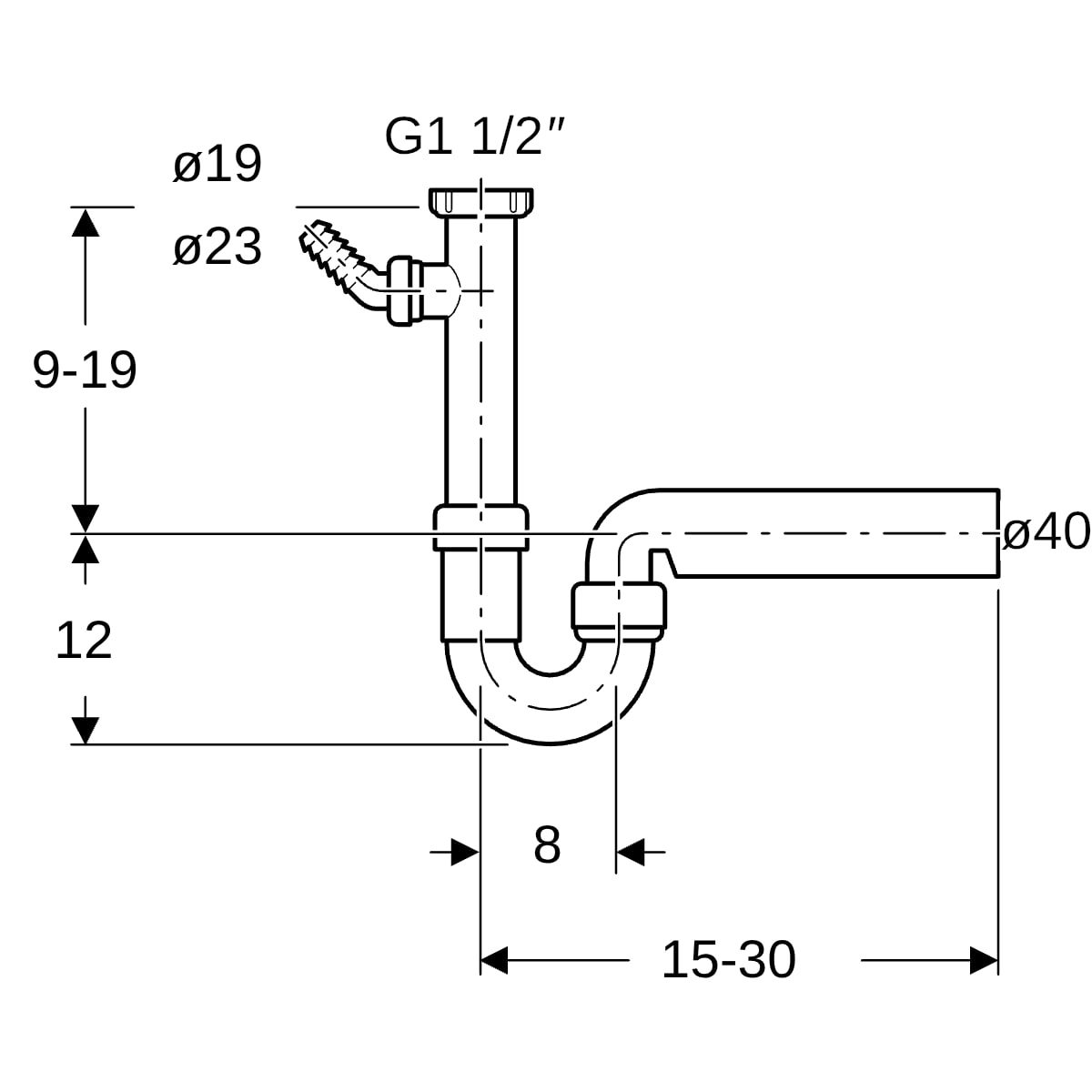 Geberit Rohrbogengeruchsverschluss für ein Spülbecken Abgang horizontal G1 1/2x40 OM 152.713.11.1