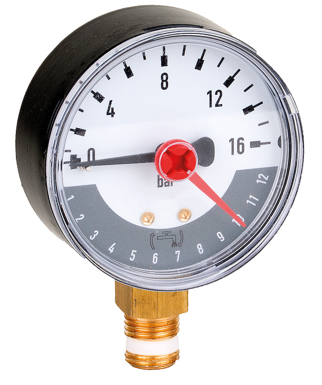 Resideo Manometer, Gehäusedurchmesser 62mm, Anschluss unten G 1/4, Teilung 0-16 bar, mit Wartungsanzeige M78M-A16MR