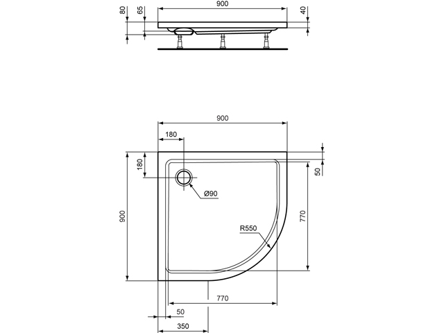 Ideal Standard Hotline Neu Viertelkreis-Duschwanne 90x90x8cm K278001 weiß
