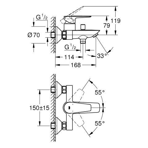 Grohe BauEdge Einhand-Wannenbatterie chrom Wandmontage eigensicher 23604001