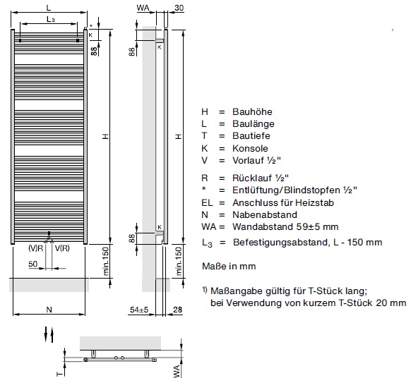 Zehnder Zeno 50 mm ZN-170-100-05 Badheizkörper H: 168,8 B: 100cm, weiß ZZ2003A0B100000